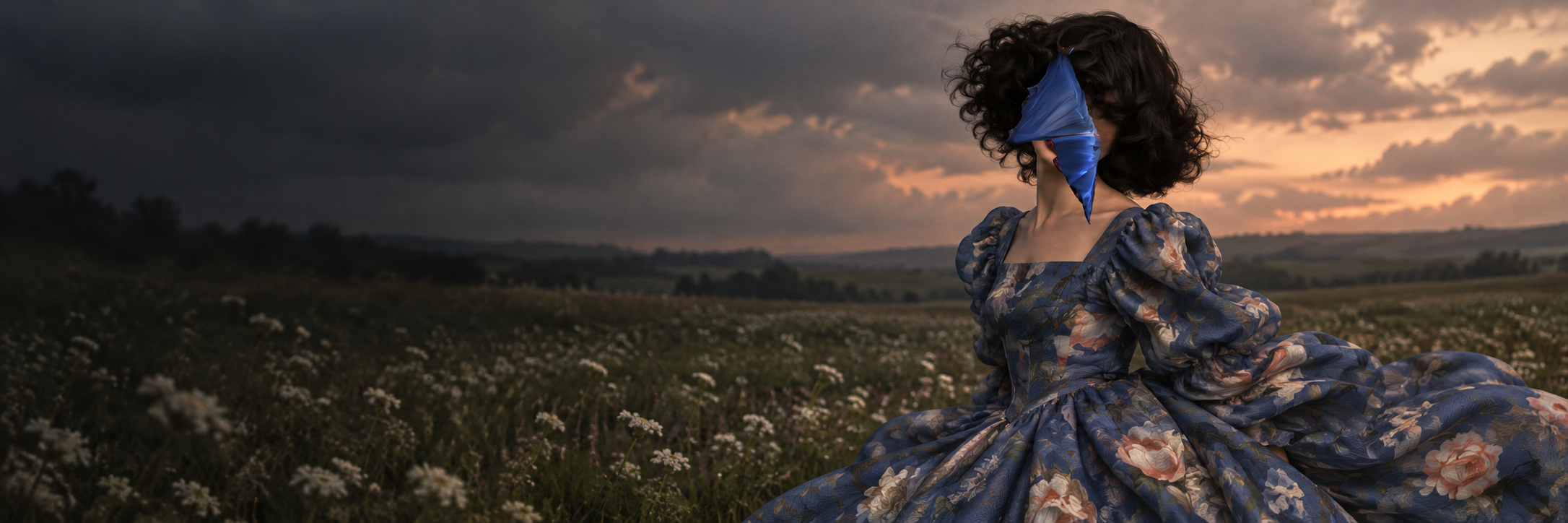 Blue Muse in a blue floral dress, standing in a meadow at dusk